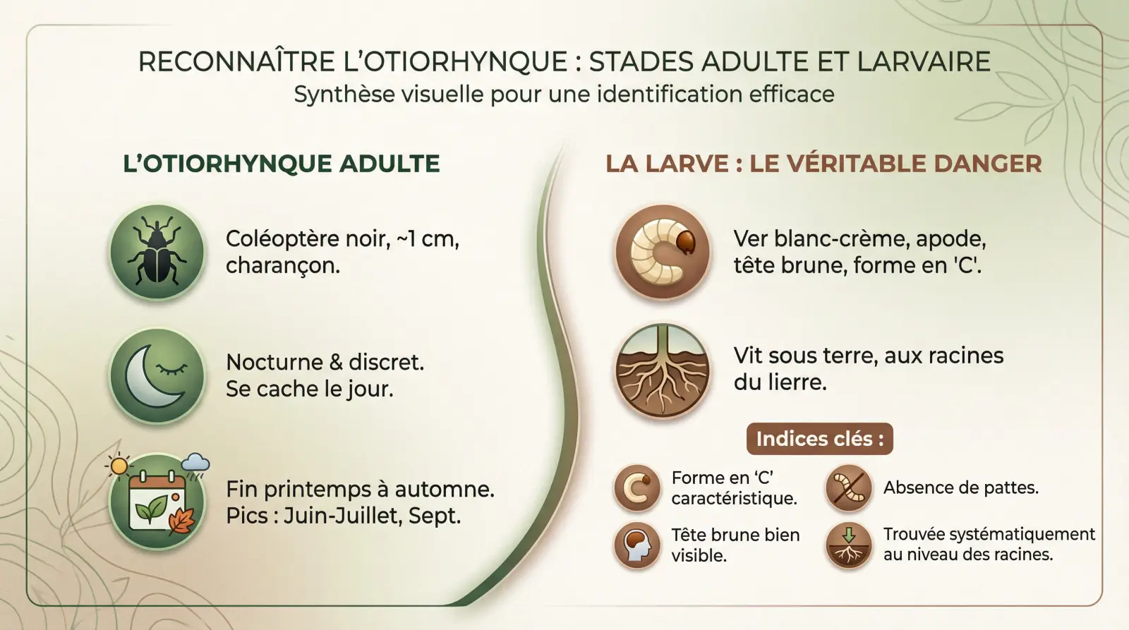 Visual identification of the otiorhynchid: black adult and white C-shaped larva